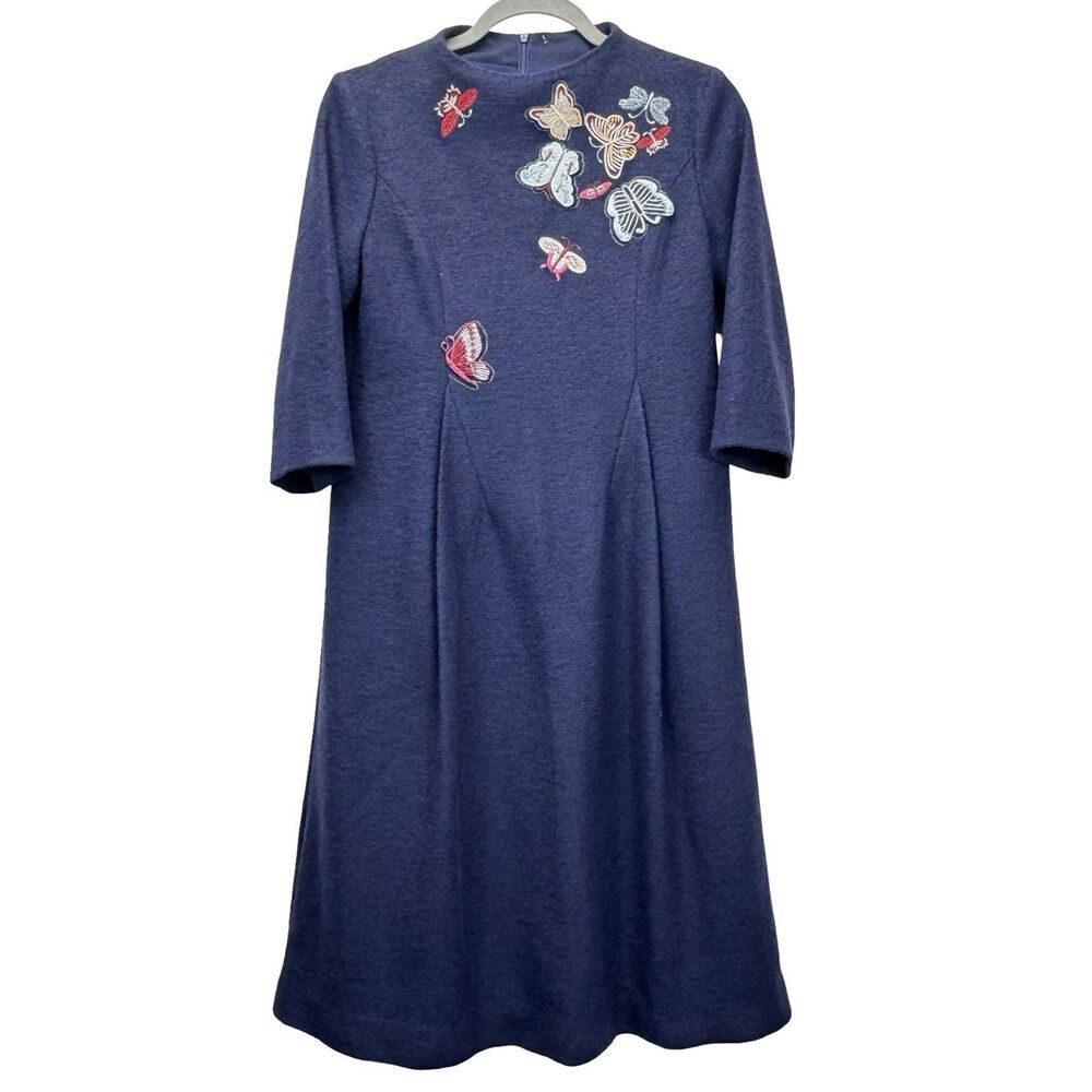 Holiday Dress Womens Size Medium Blue Embroidered Butterfly Wool Blend Boho